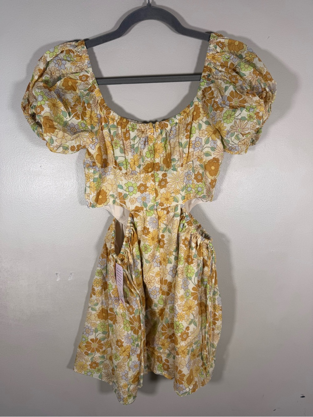 Yellow Floral Puff-Sleeve Mini Dress